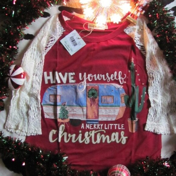 Tops - SOUTHERN GRACE LADIES HAVE YOURSELF A MERRY LITTLE CHRISTMAS LACE SLEEVE SHIRT
